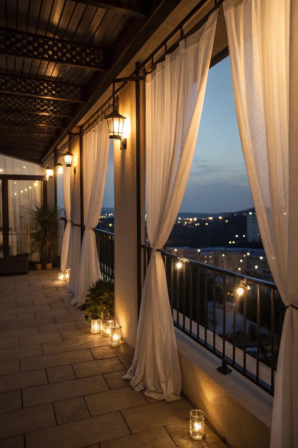 Curtains with built-in lighting add a magical touch to your balcony.