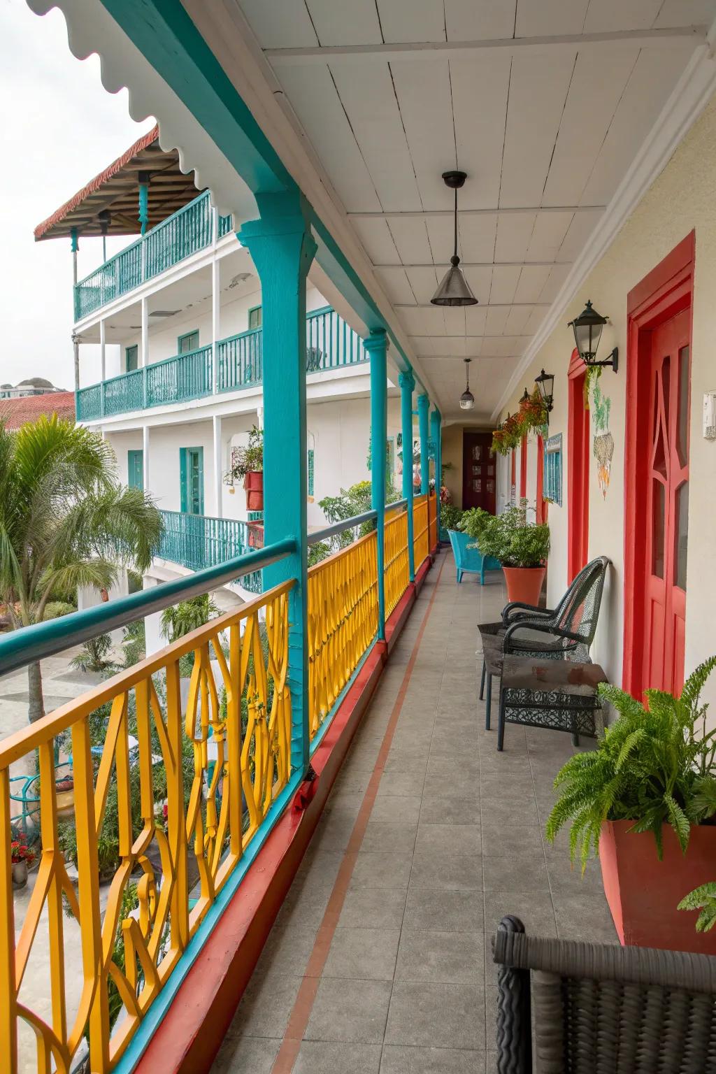Bold colored railings create a striking visual impact.