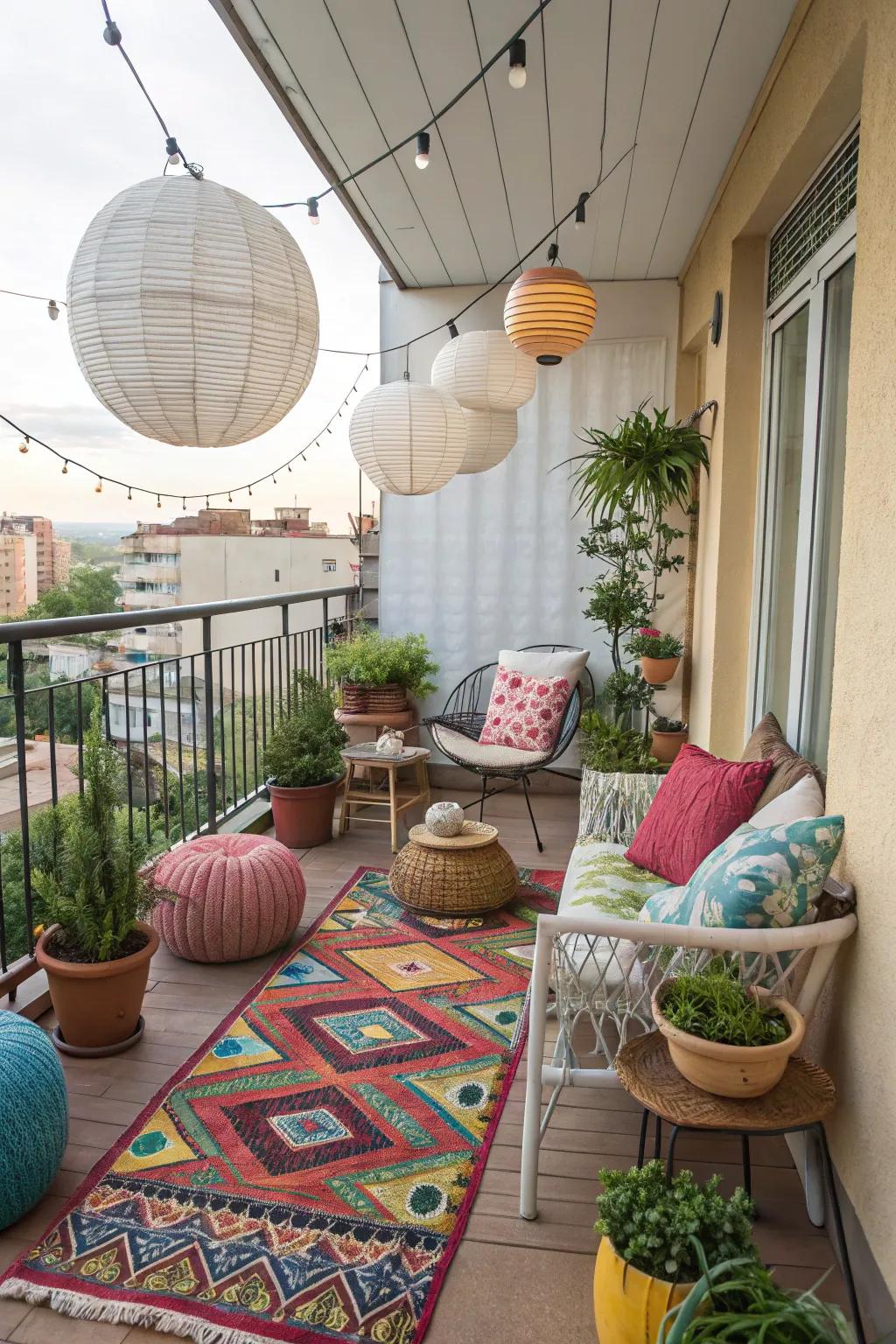Balcony with a colorful rug adding personality and charm.