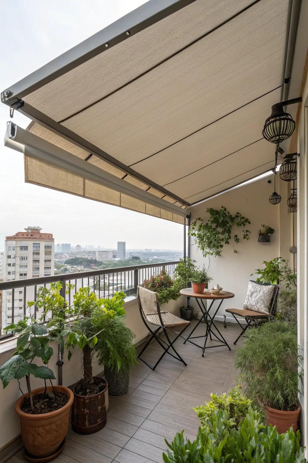 A retractable awning offers flexible protection from the weather.