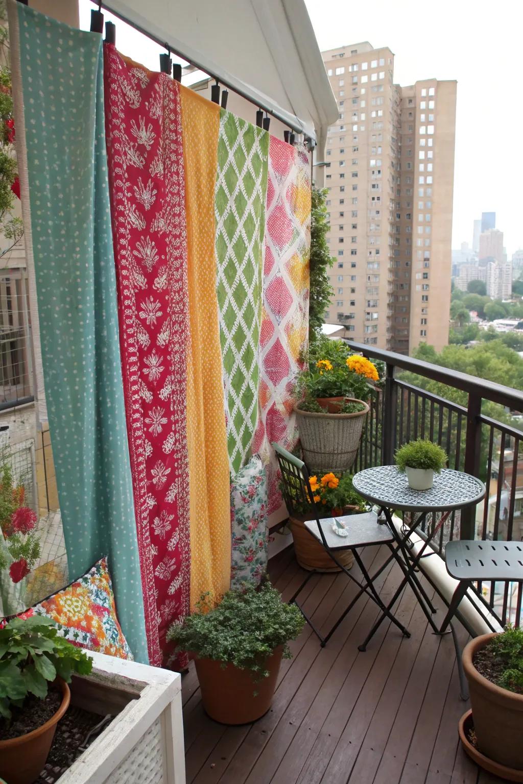 DIY fabric walls offer customizable privacy with a splash of color.
