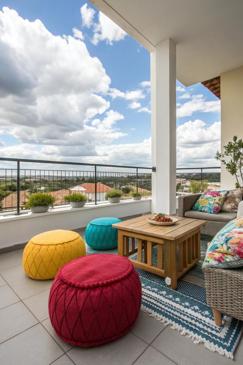 Poufs provide casual, comfortable seating options.