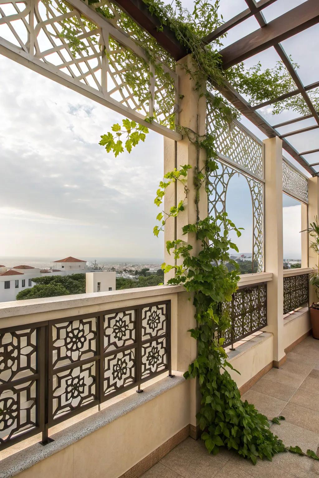 Geometric trellises add artistic flair to balconies.