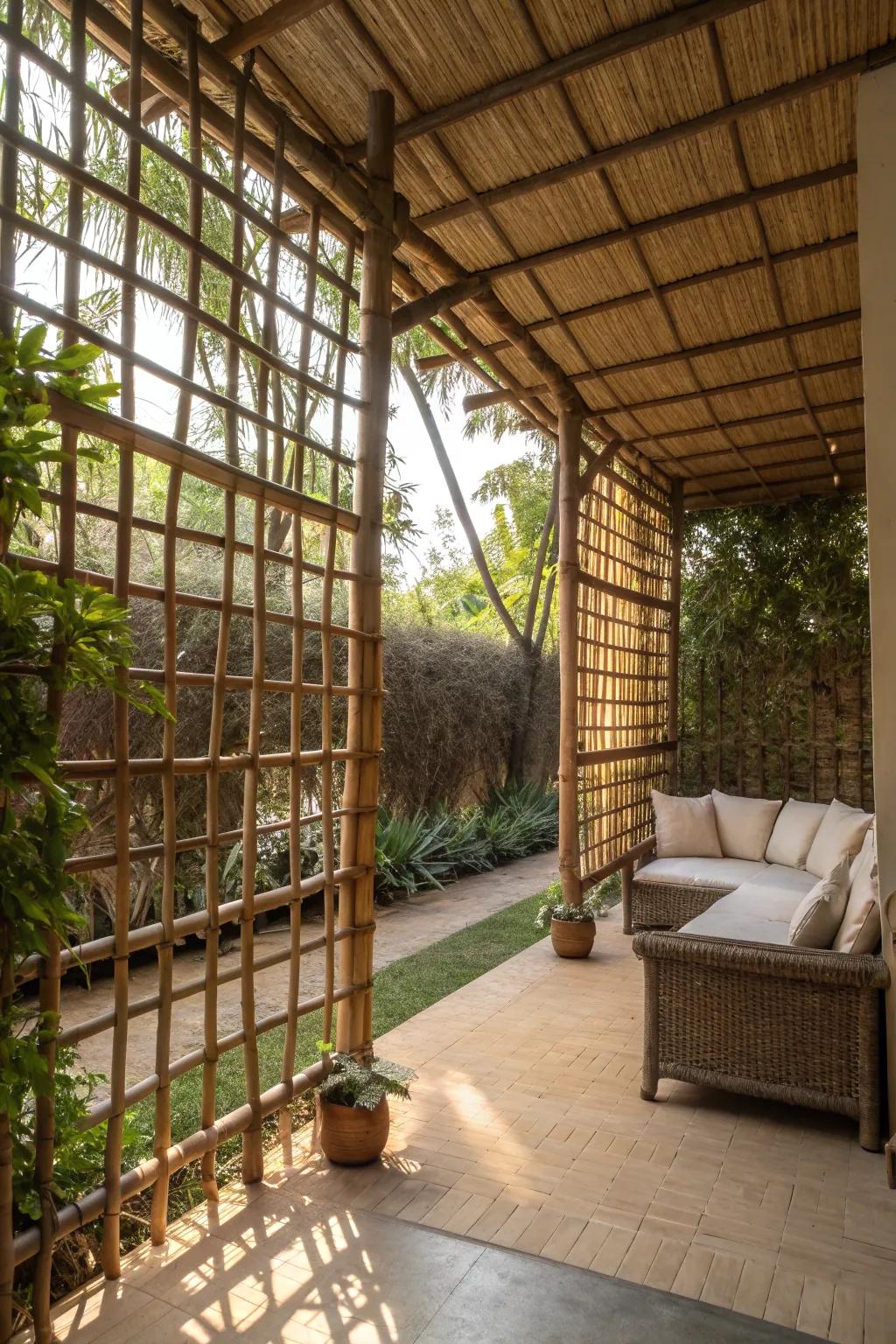 Create a serene space with a bamboo privacy wall.