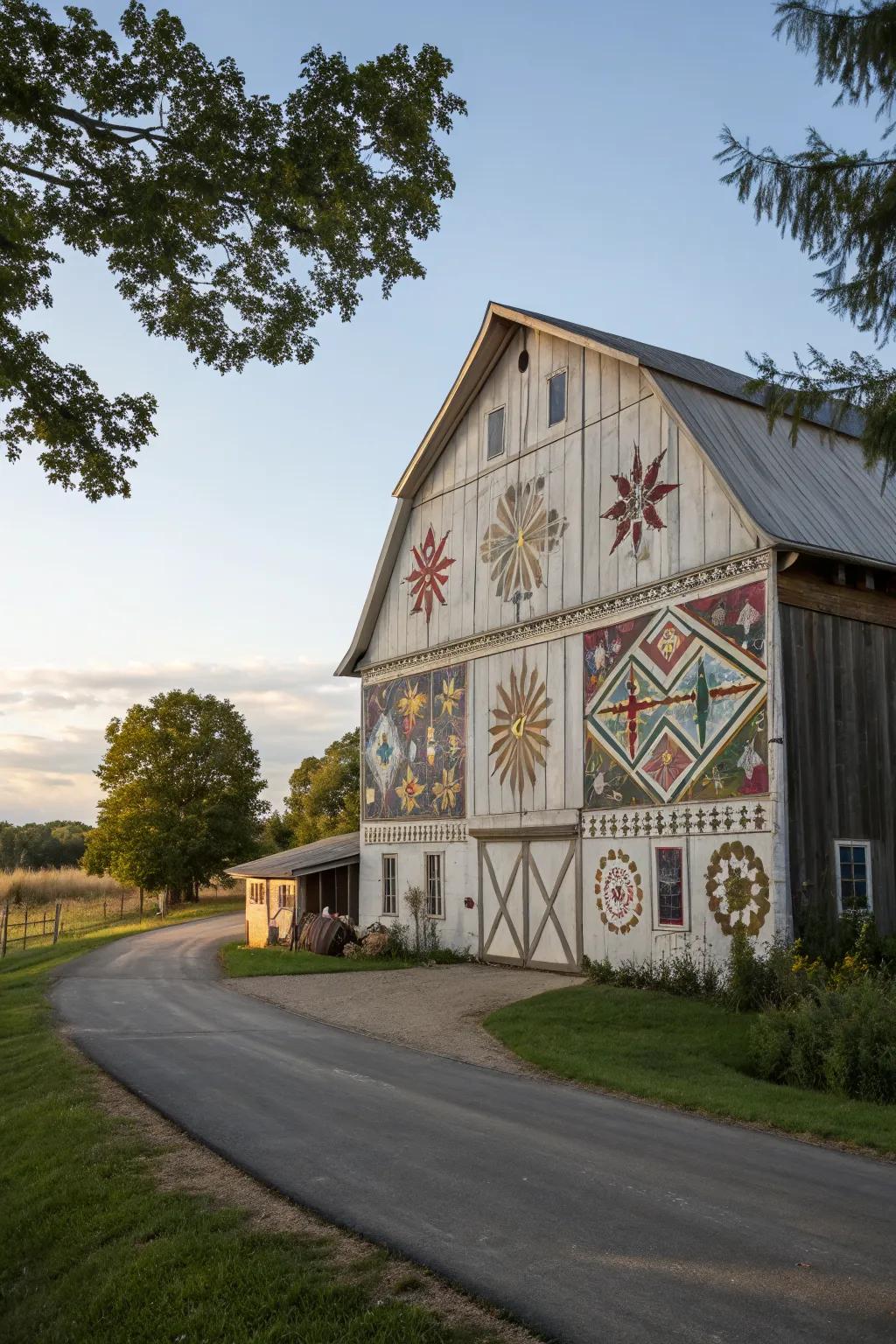 A barn featuring cultural motifs, celebrating local heritage through art.