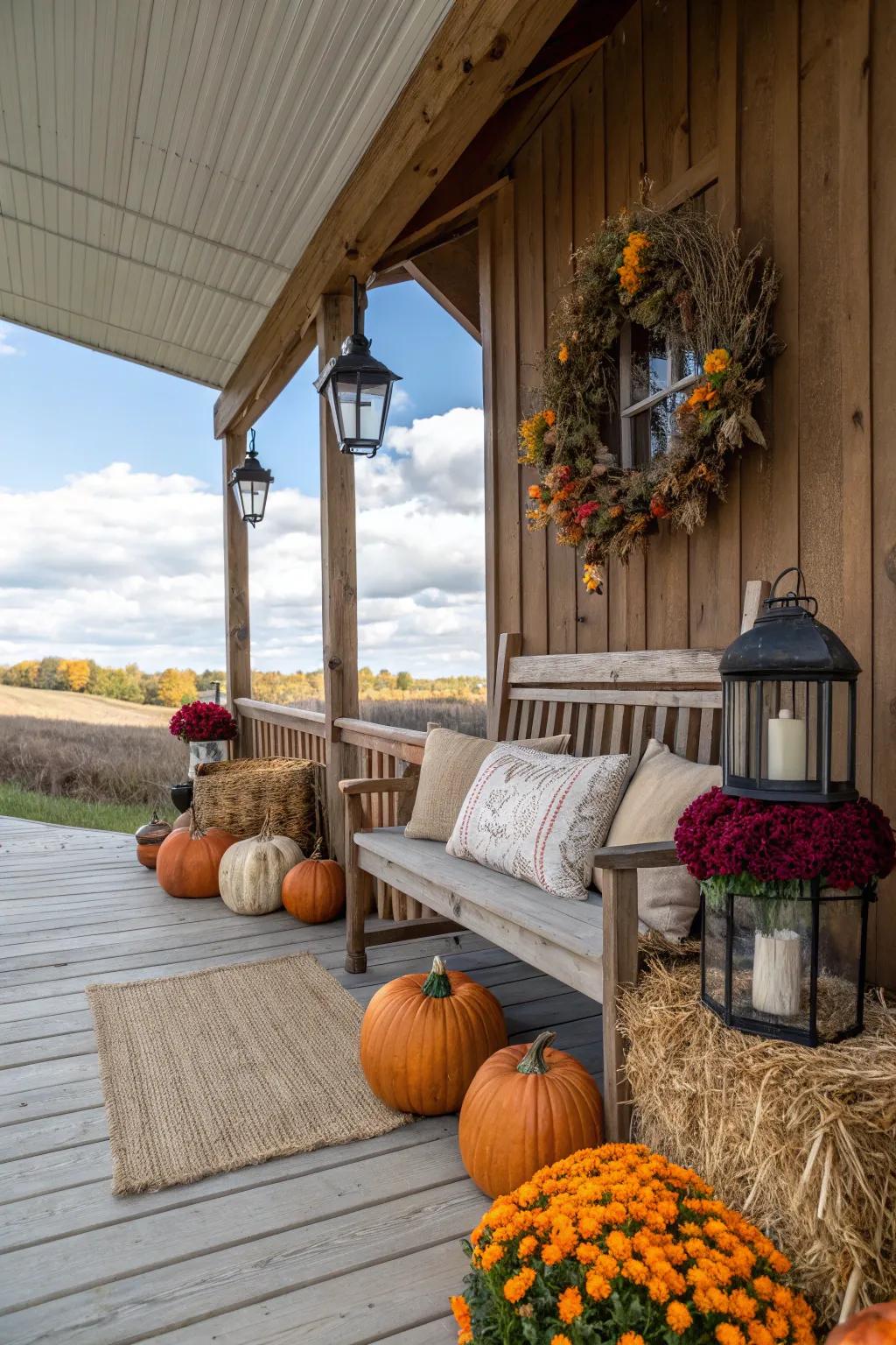 Barn porch decorated with seasonal elements like wreaths and cushions.
