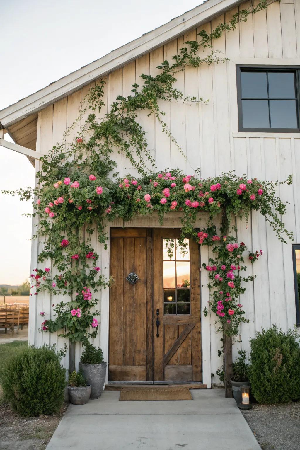 Magical flowering vines around the doorway.