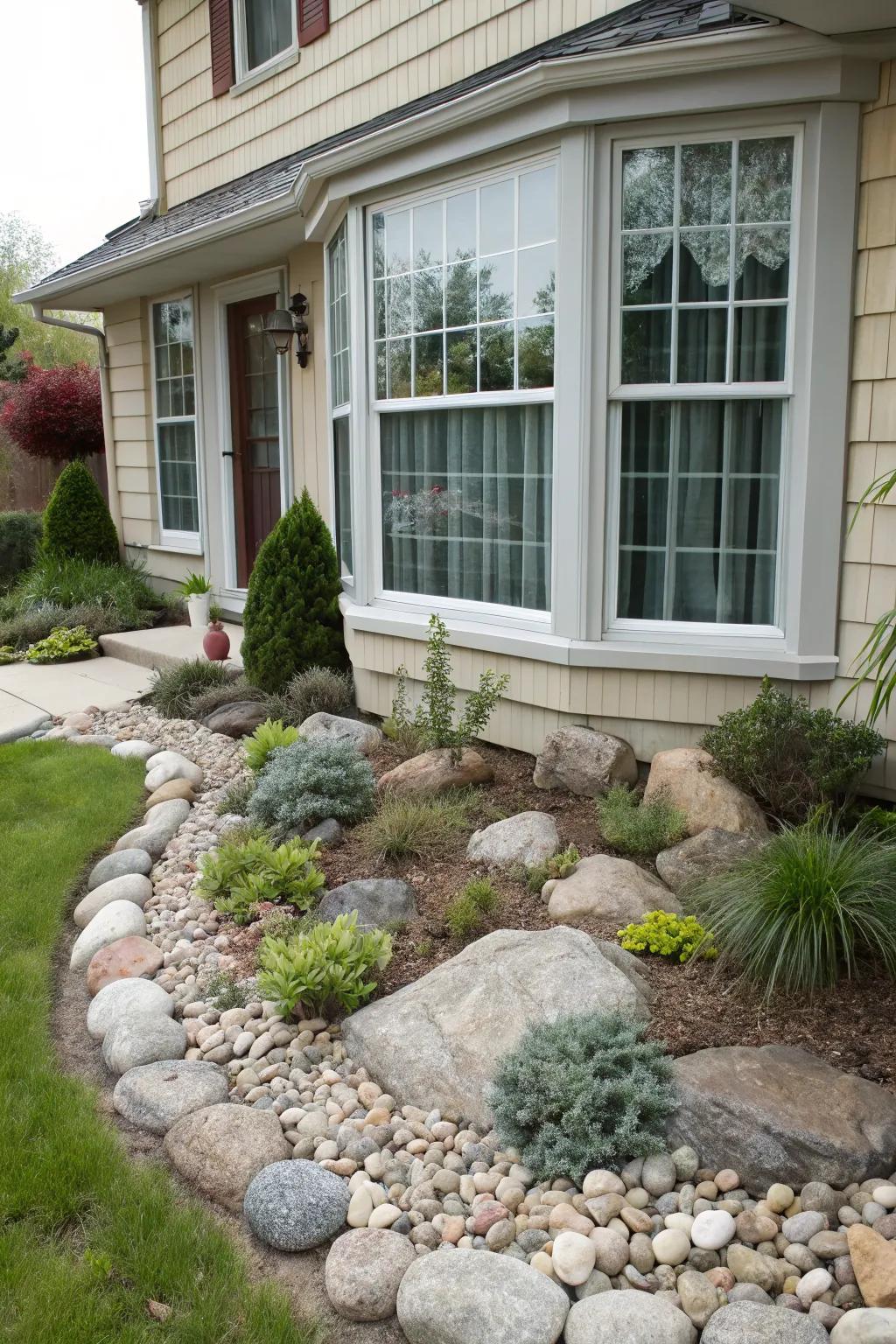 Rock gardens offer low-maintenance elegance around bay windows.