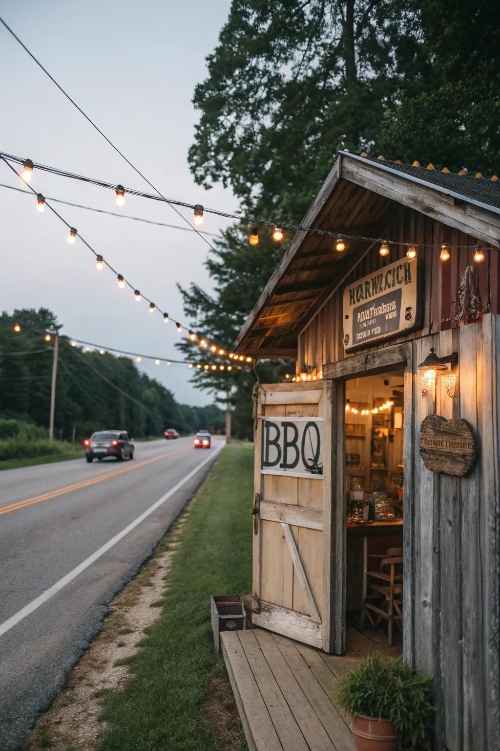 Capture nostalgia with a charming vintage roadside BBQ shack.