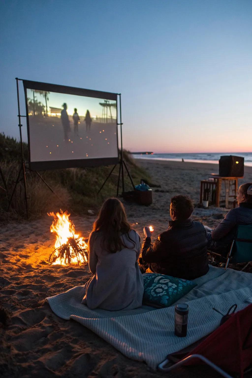 A movie night by the bonfire offers a magical cinematic experience.