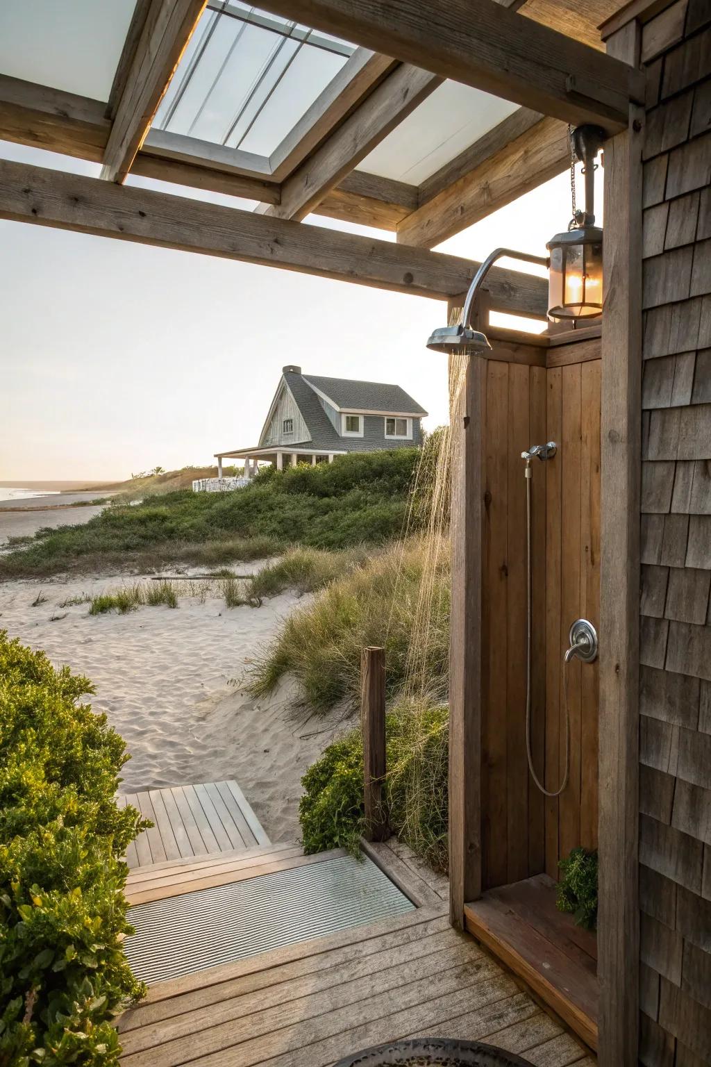 A skylight brings natural light and a touch of luxury to this outdoor shower.