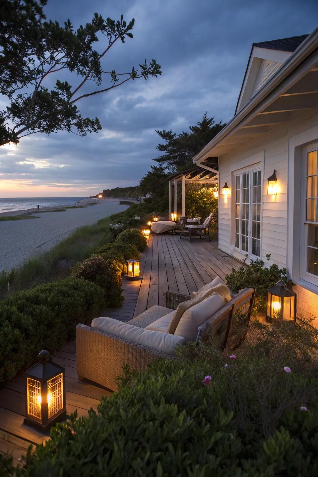 Lanterns casting a warm glow on a beach house patio.