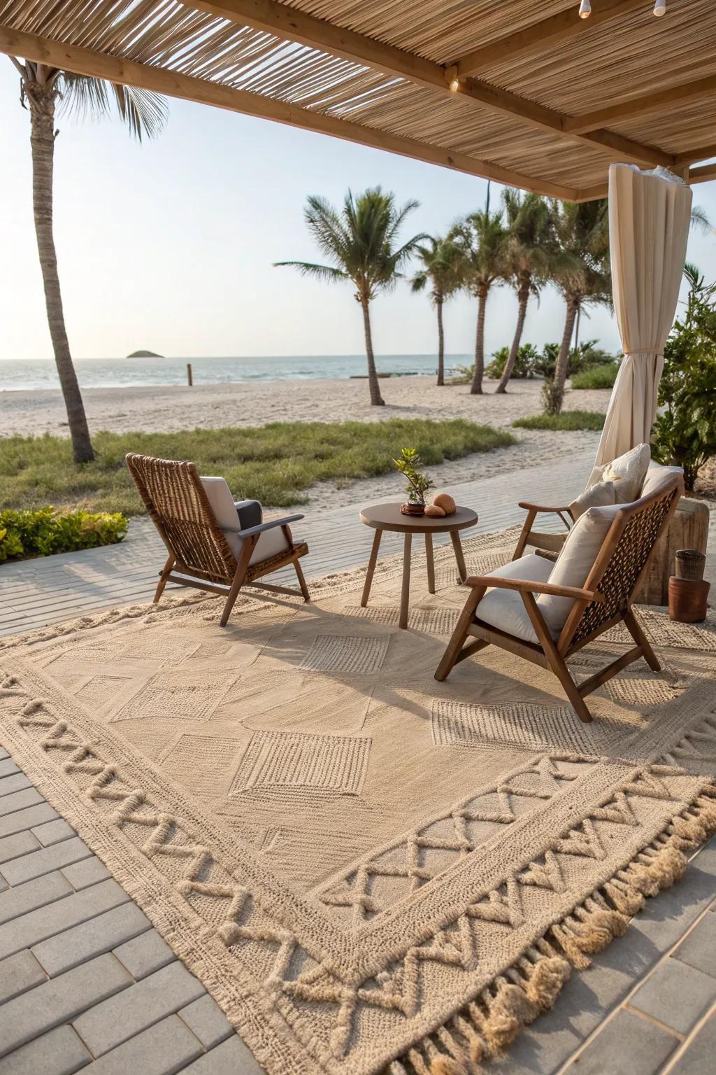 Outdoor rugs add comfort and style to your beach patio.