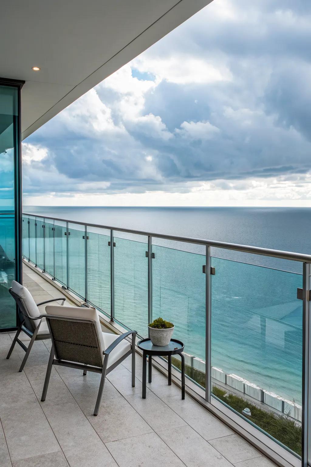 Glass railings provide clear views and modern style.