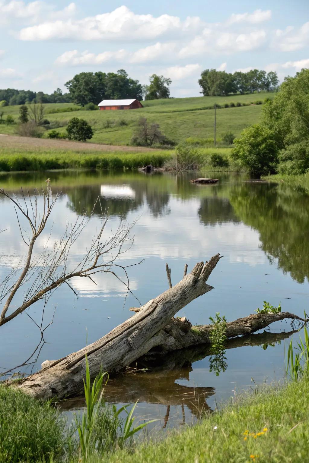 Driftwood adds a natural, artistic element to the pond.