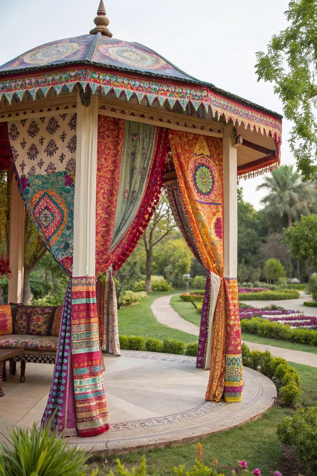 A boho-themed gazebo full of color and life.