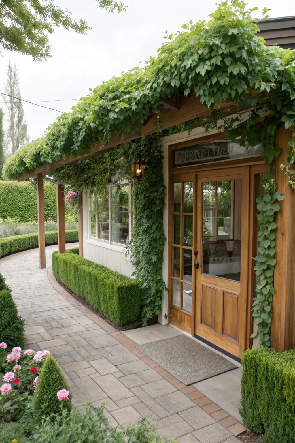 A beauty salon entrance shaded by a pergola covered in lush vines.