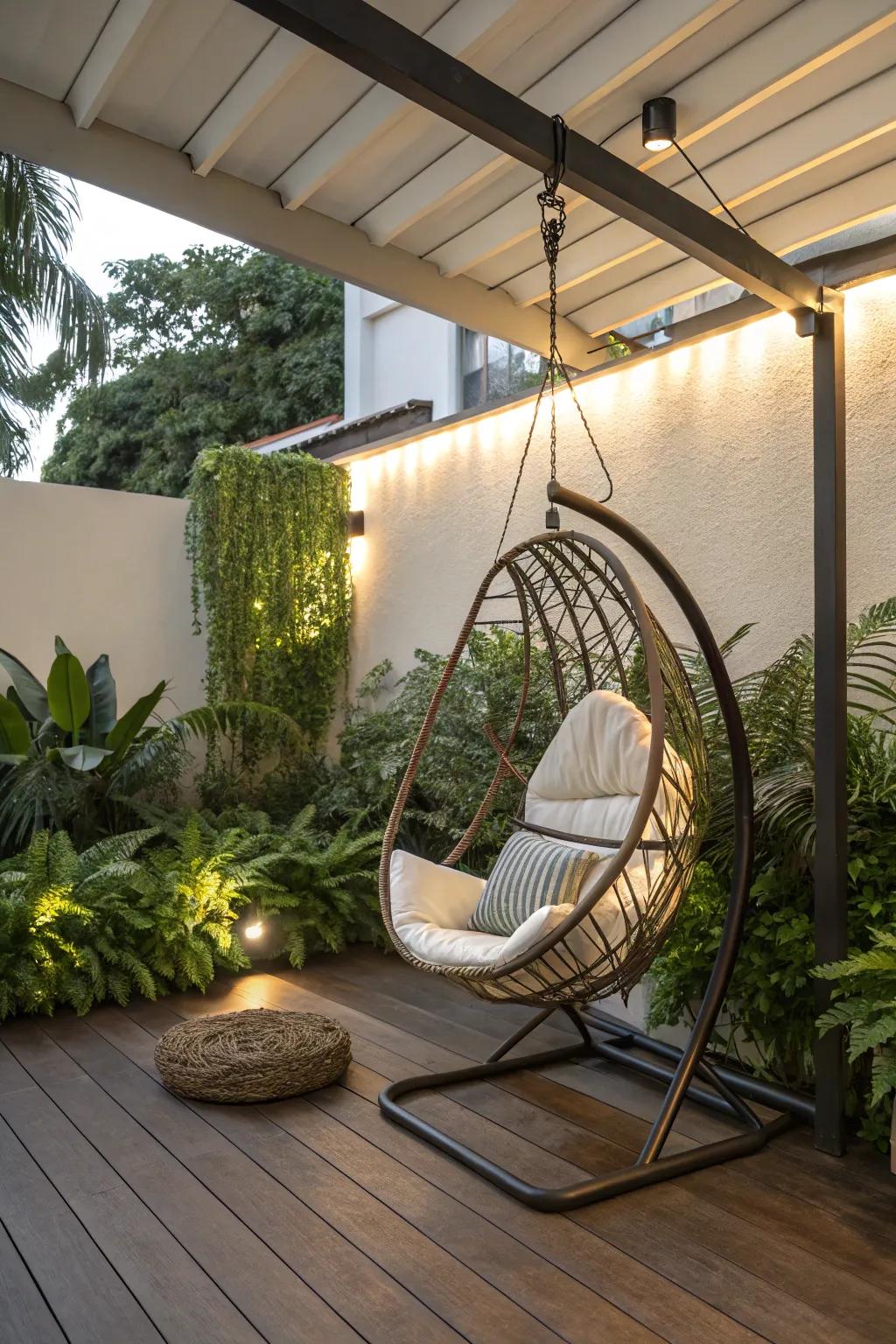 A hanging chair adds a fun and relaxing touch to your patio.
