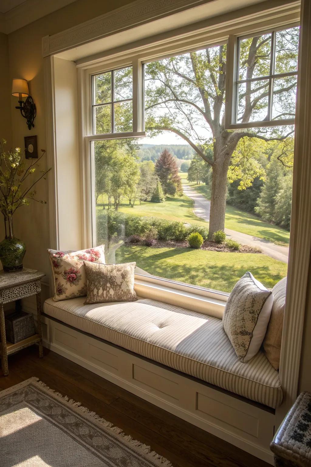 A bench by the window offers a peaceful spot to relax.