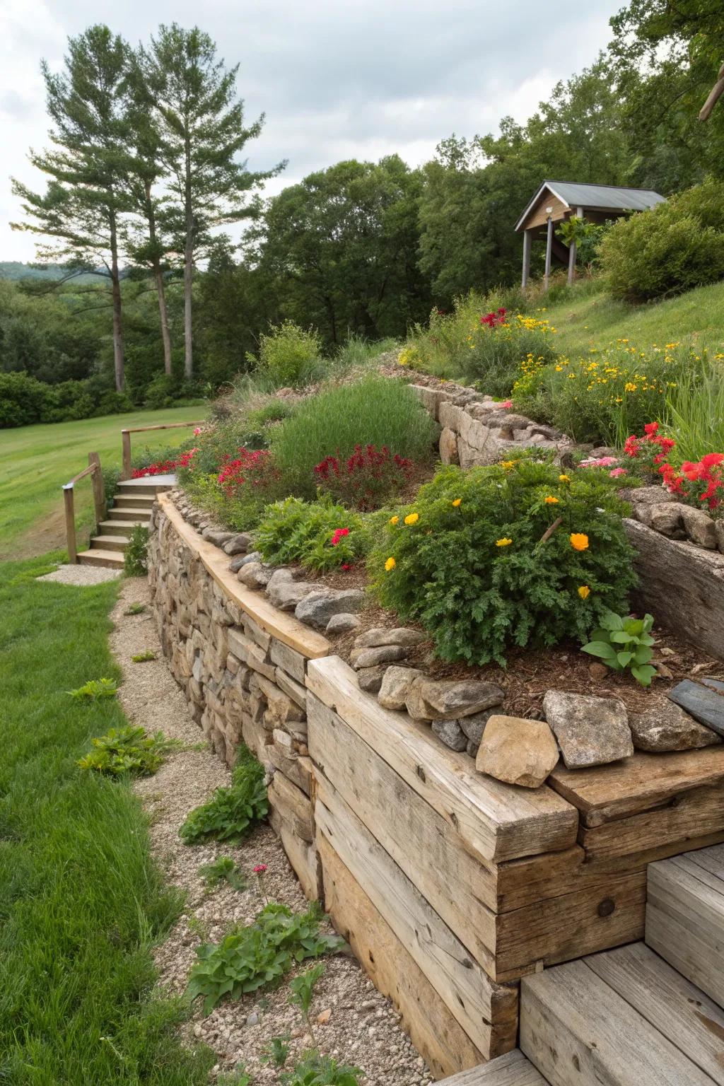 Eco-friendly materials enhancing a garden berm's natural look.