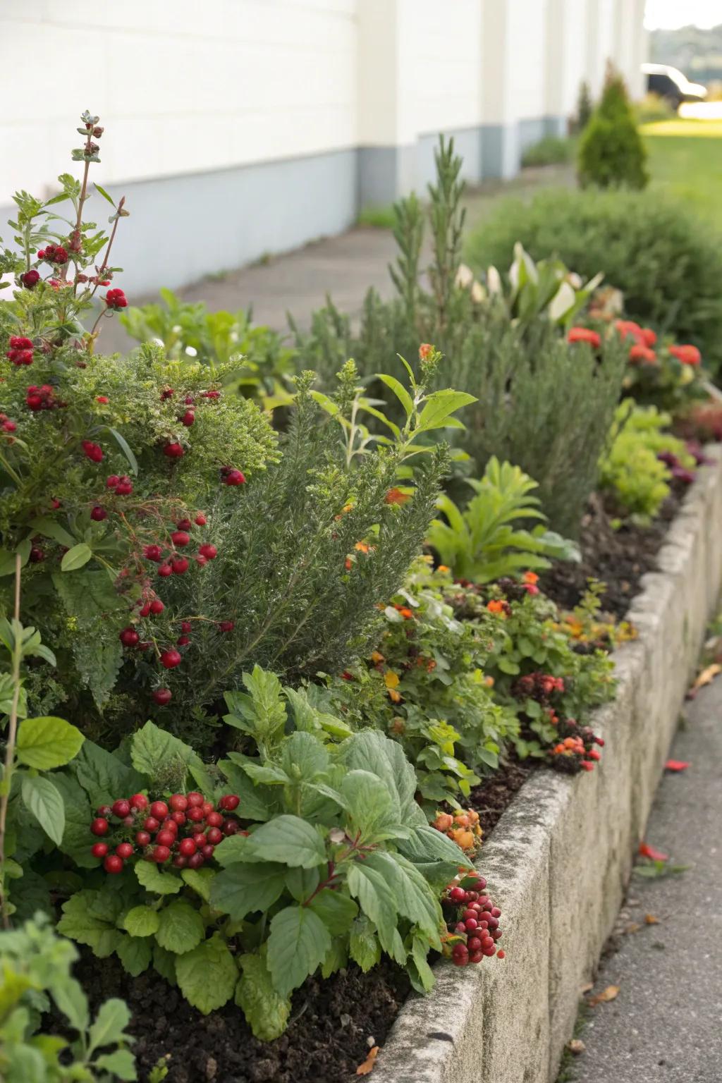 Edible plants like herbs and berries add both flavor and beauty to this berm.