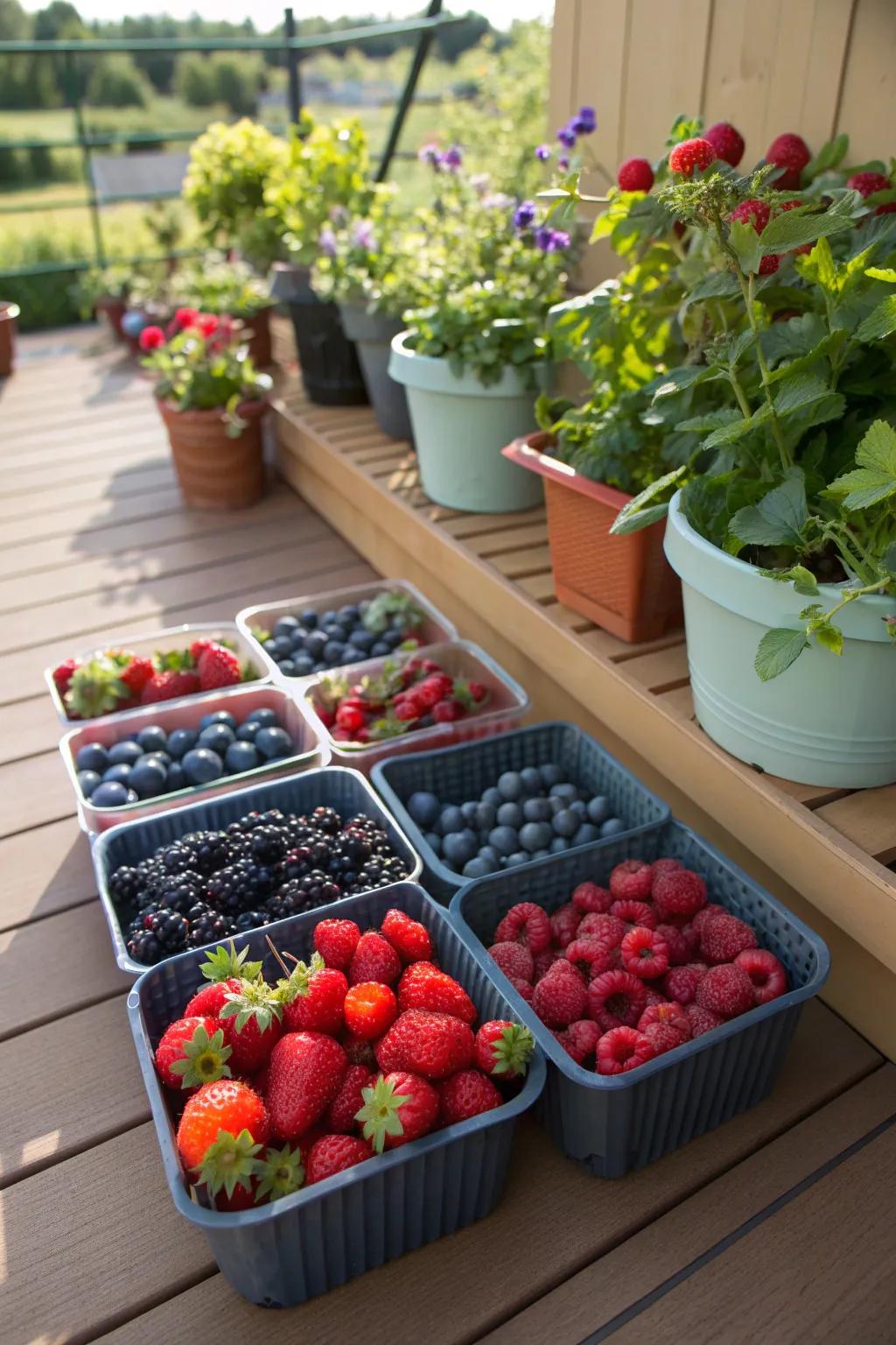 A collection of containers bursting with berry plants, ideal for small spaces.