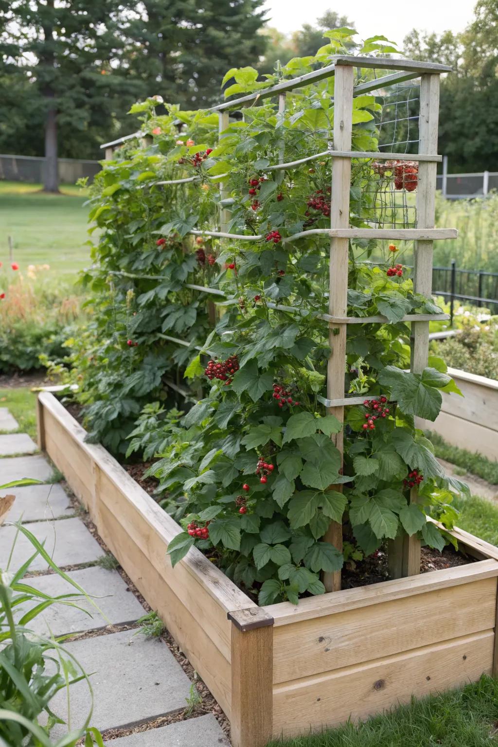 Raised bed trellis combo maximizes space and supports healthy plant growth.