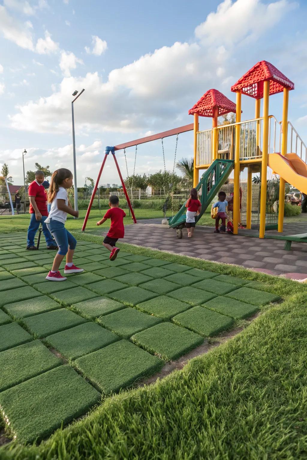 Grass pavers offer a stable, green surface for structured play areas.