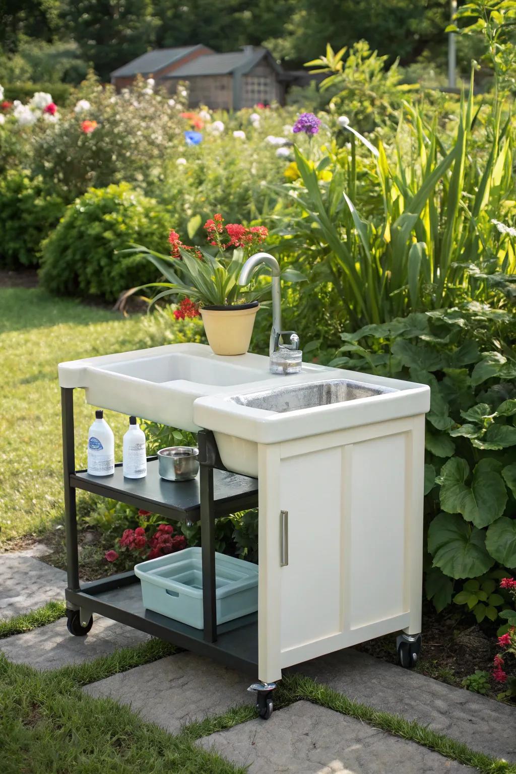 A portable sink station provides flexibility and convenience.