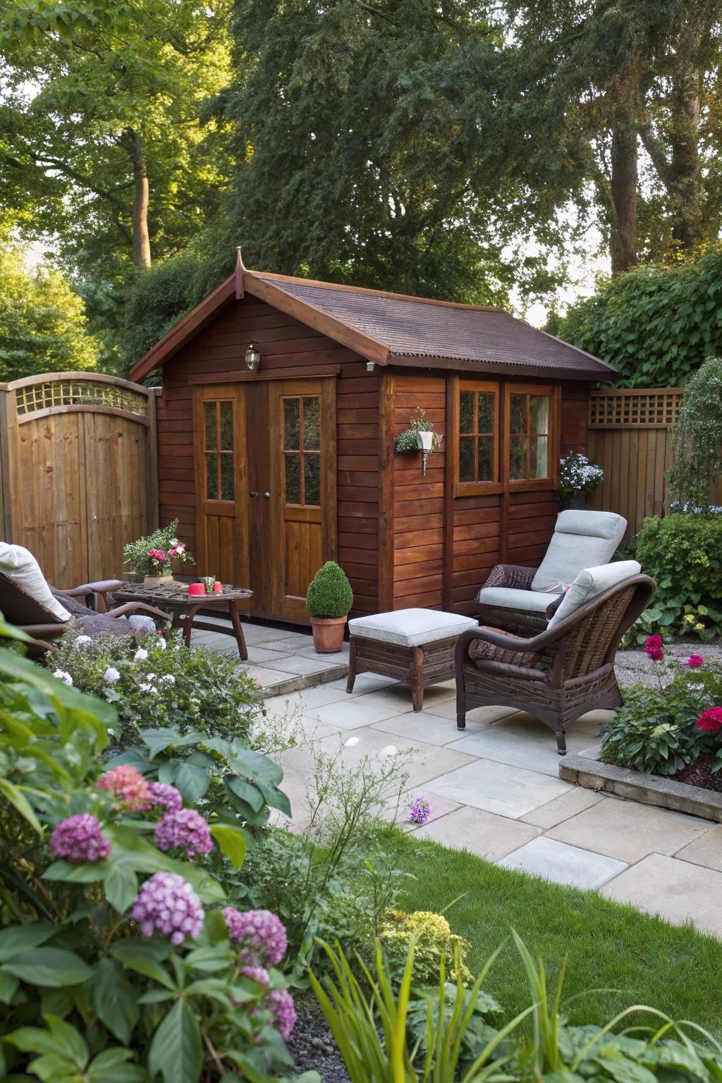 Rich mahogany stain adds depth and elegance to any shed.