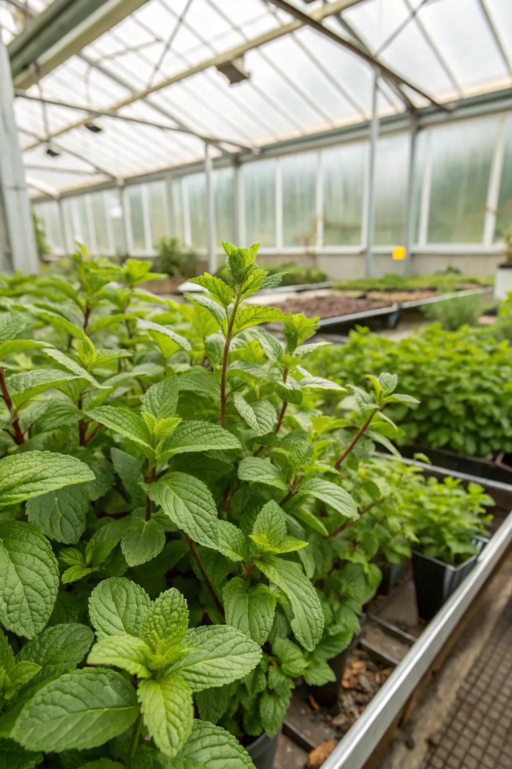 Refreshing mint growing abundantly in a greenhouse, ideal for teas and garnishes.