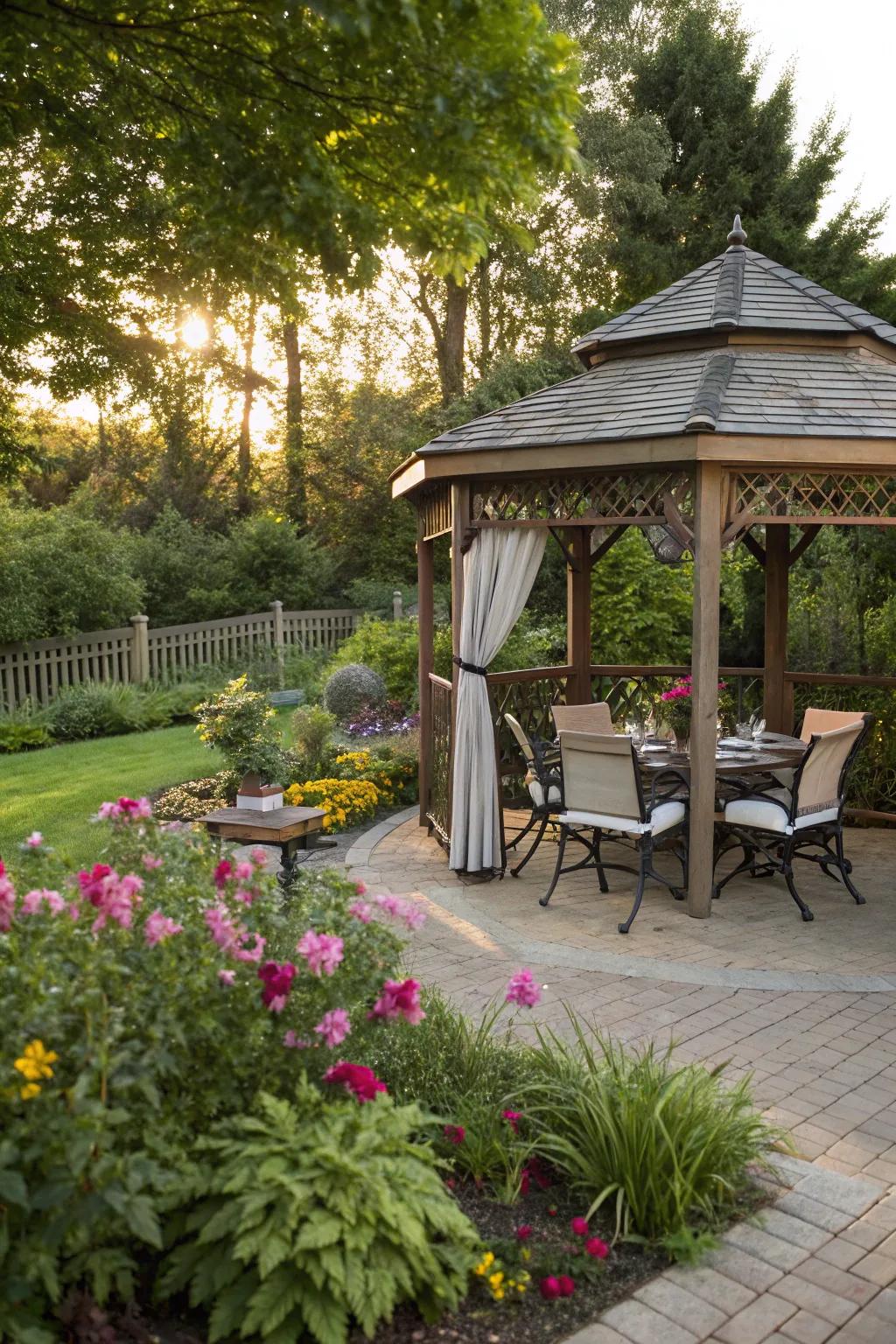 A gazebo provides a charming focal point for outdoor dining.