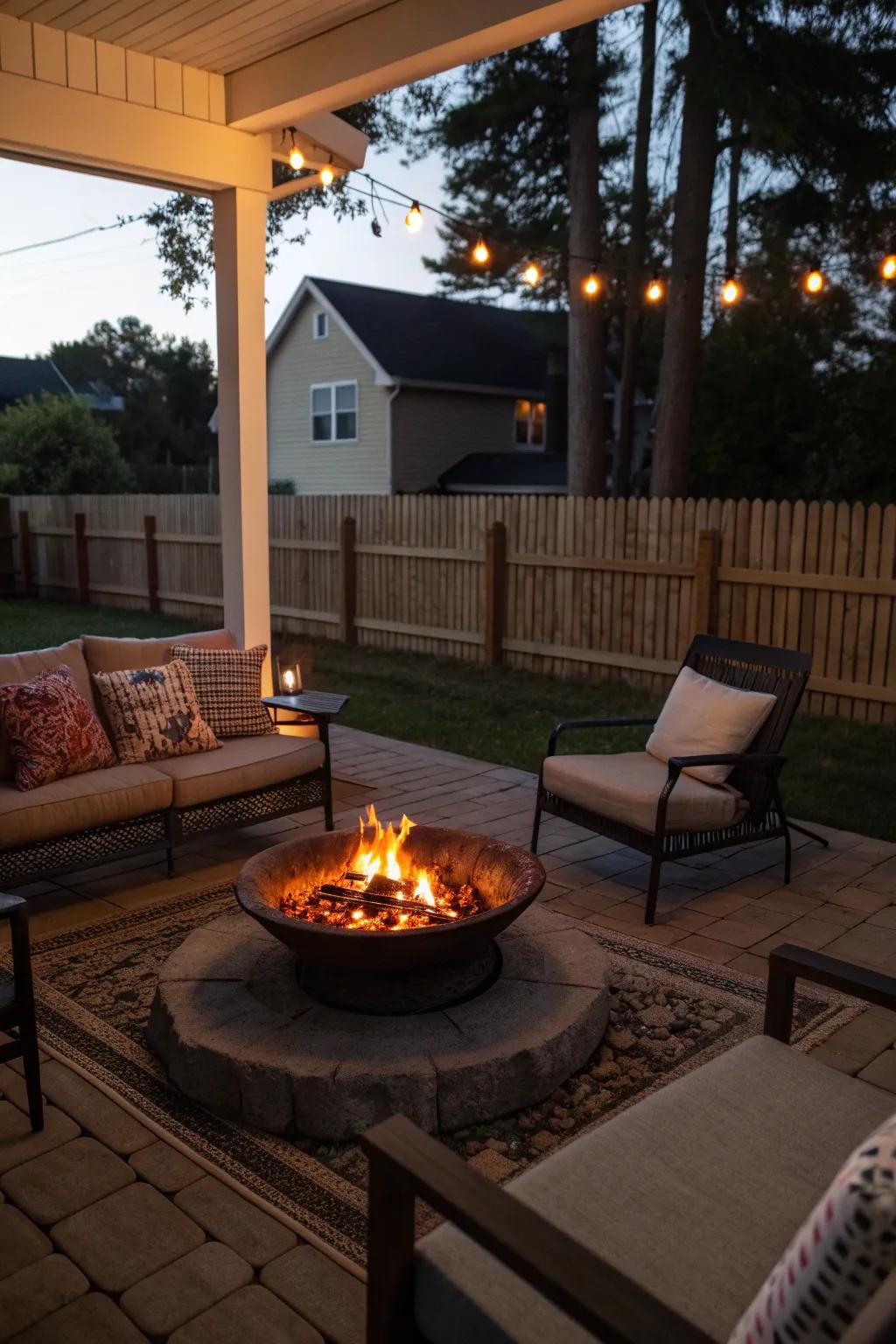 A fire pit creates a cozy ambiance for evenings.