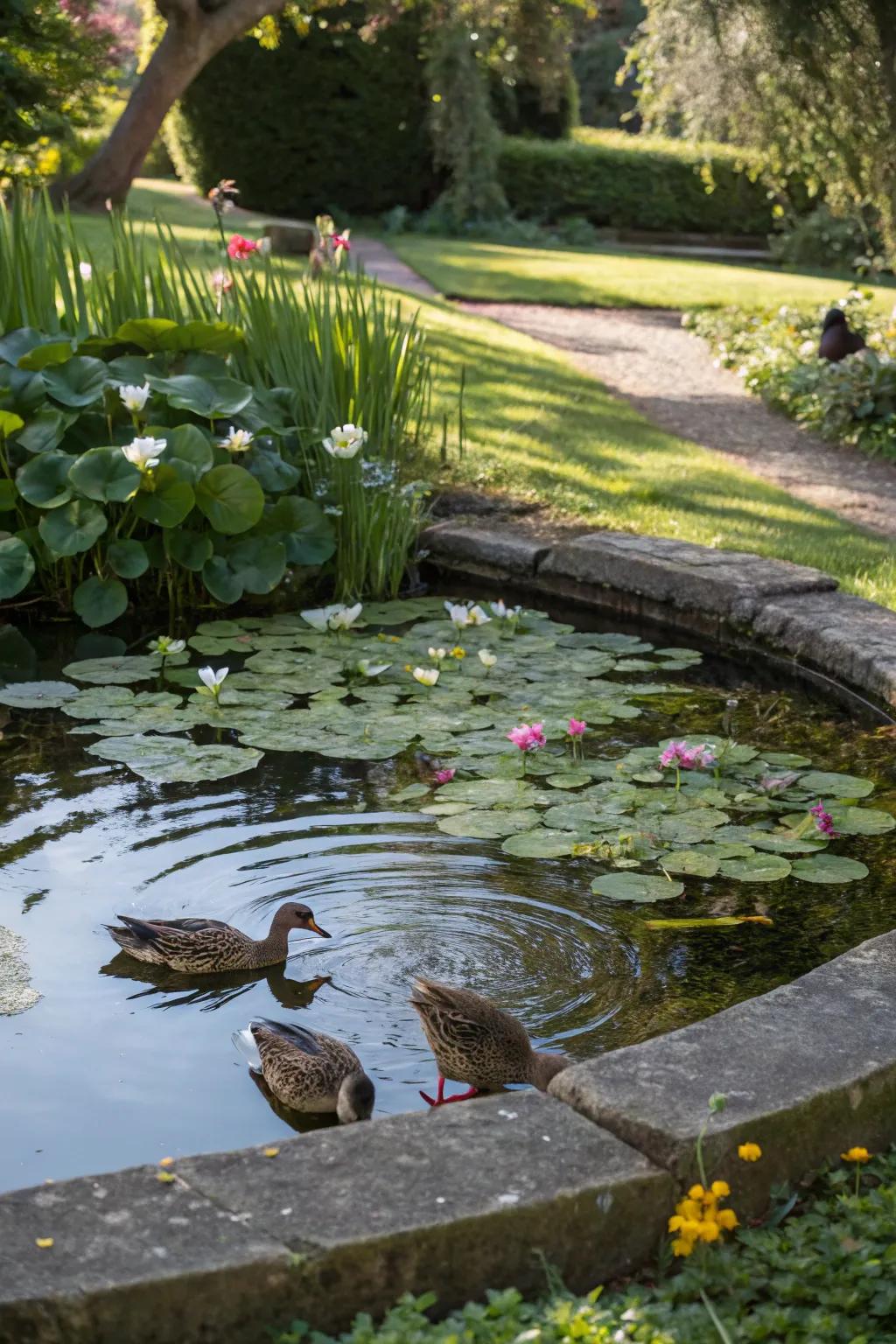 Mini ponds offer a tranquil retreat for birds and a serene garden feature.