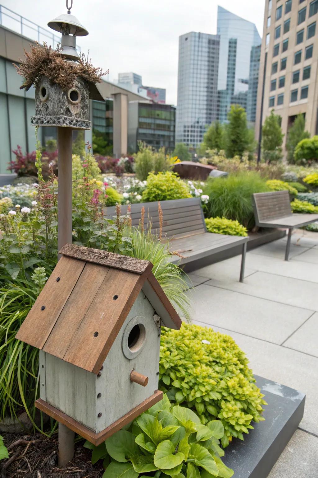 An industrial-style birdhouse with metal accents for an edgy look.