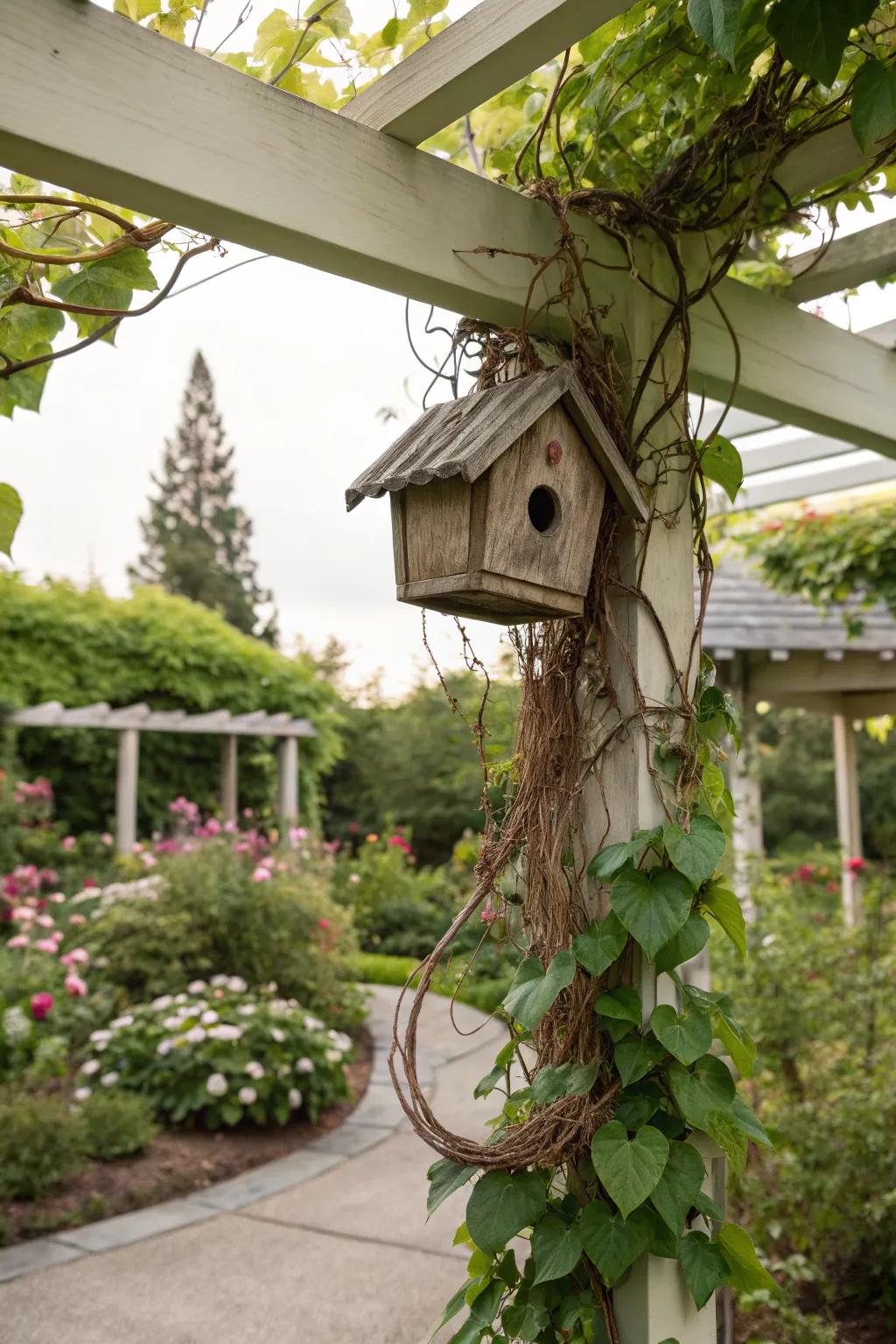A pergola beam provides a perfect perch for a charming birdhouse.
