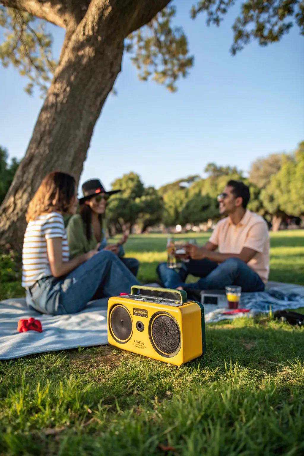 A picnic with music playing from a portable speaker, creating a lively atmosphere.
