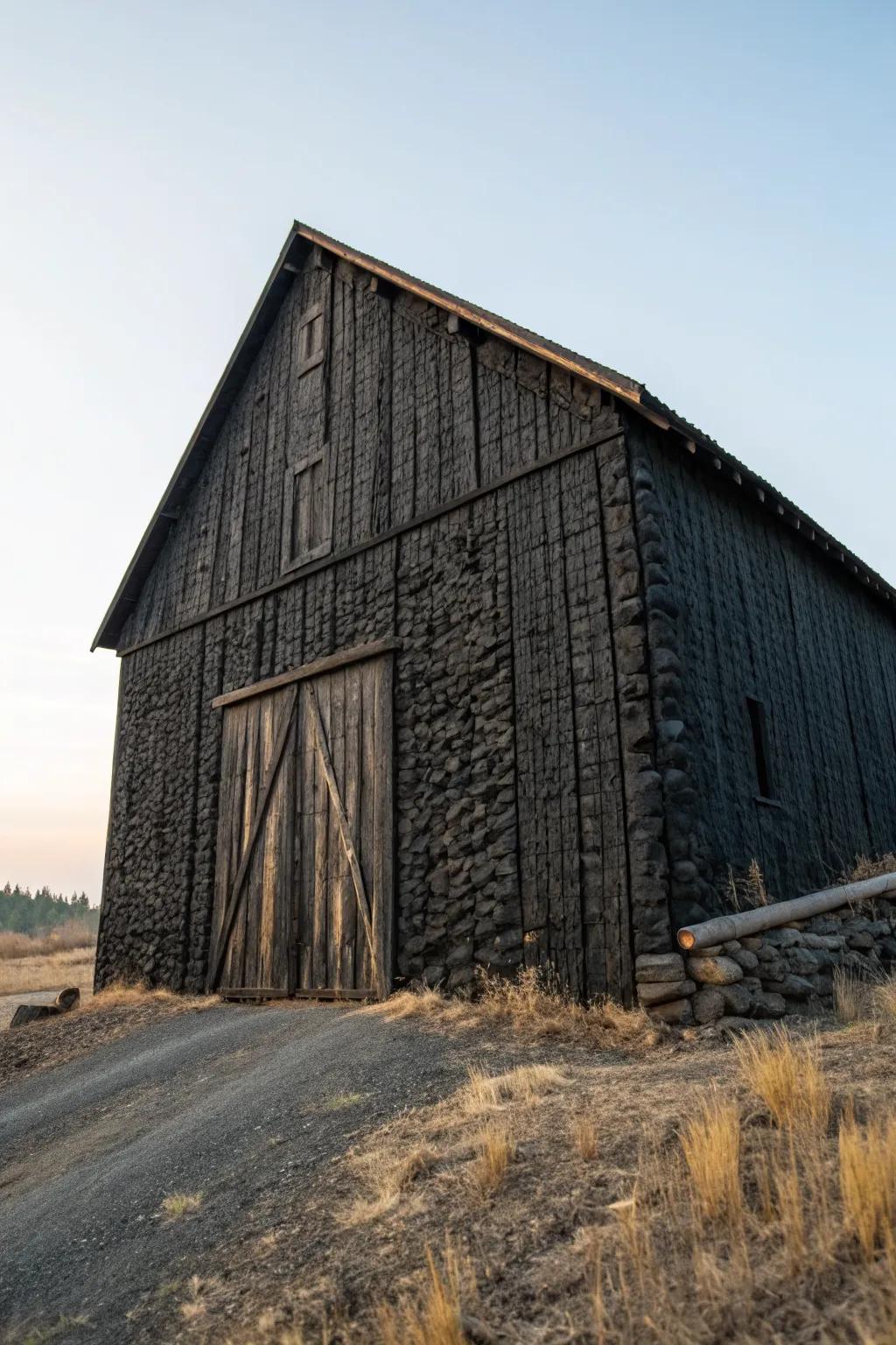 A black barn using charred wood for a textured design.