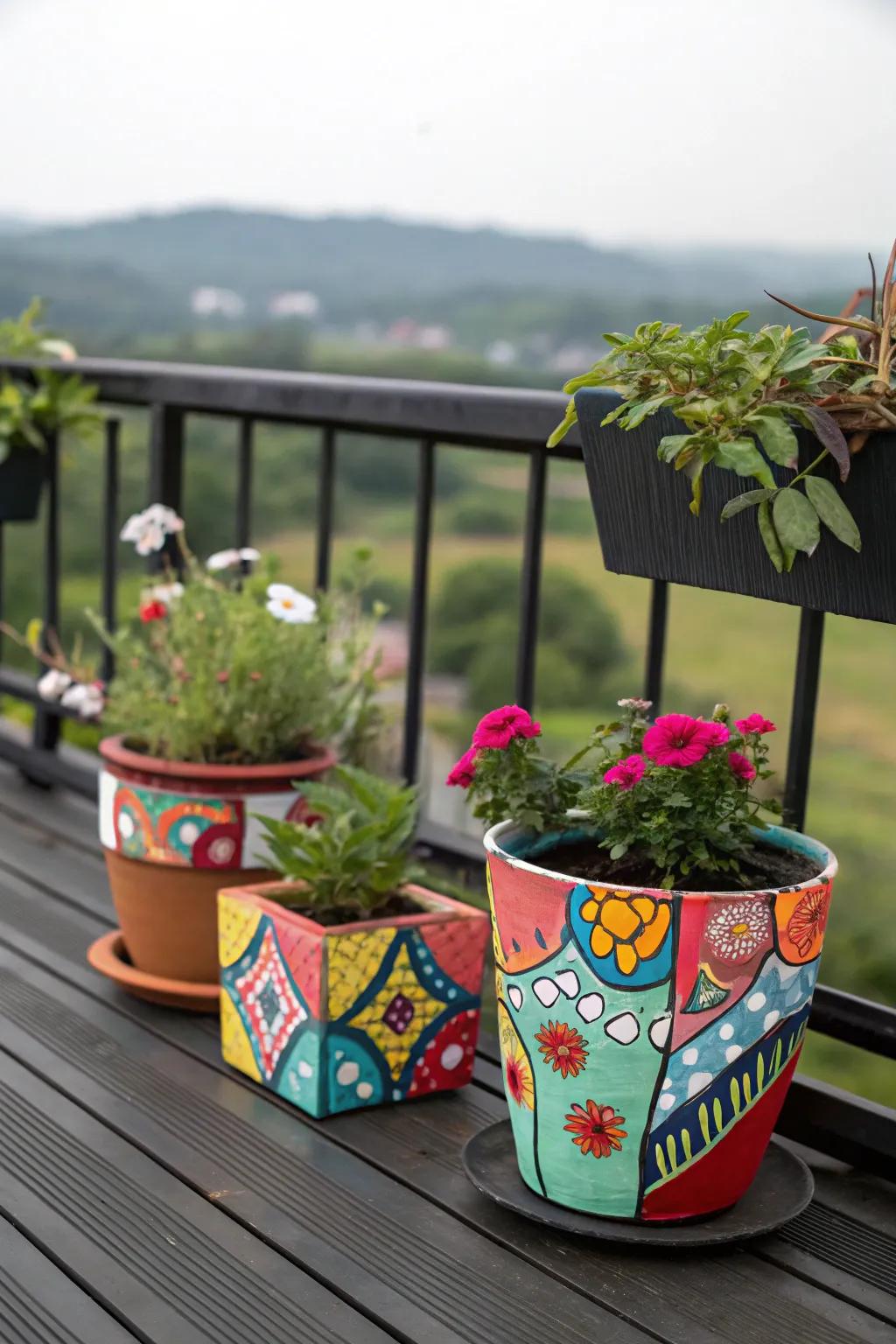 Brighten your deck with pops of color from plants and art.