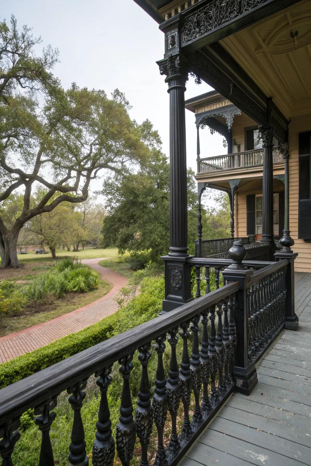 Traditional black railings add timeless elegance to this porch.