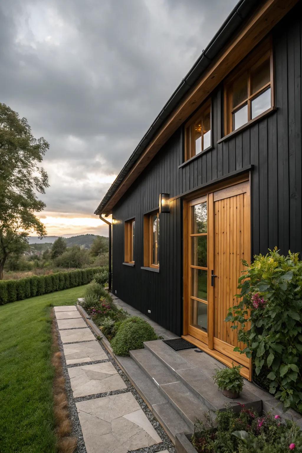 Warmth and elegance with wood accents on a black exterior.