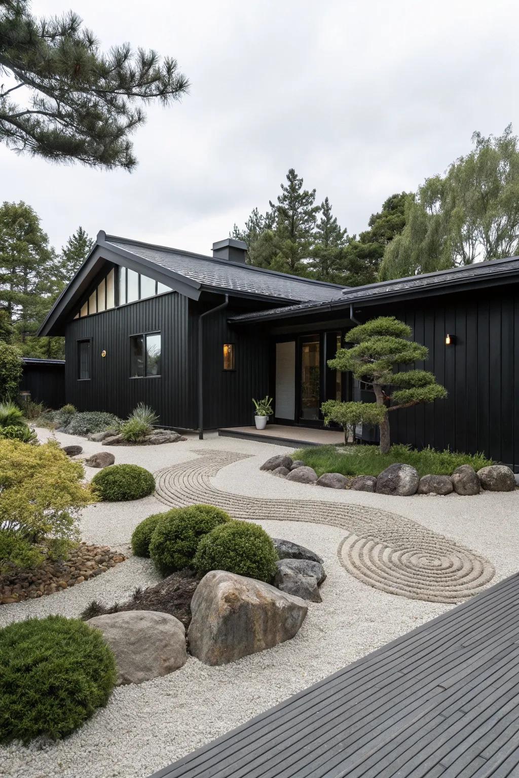 Zen garden vibes create a serene atmosphere for a black house.