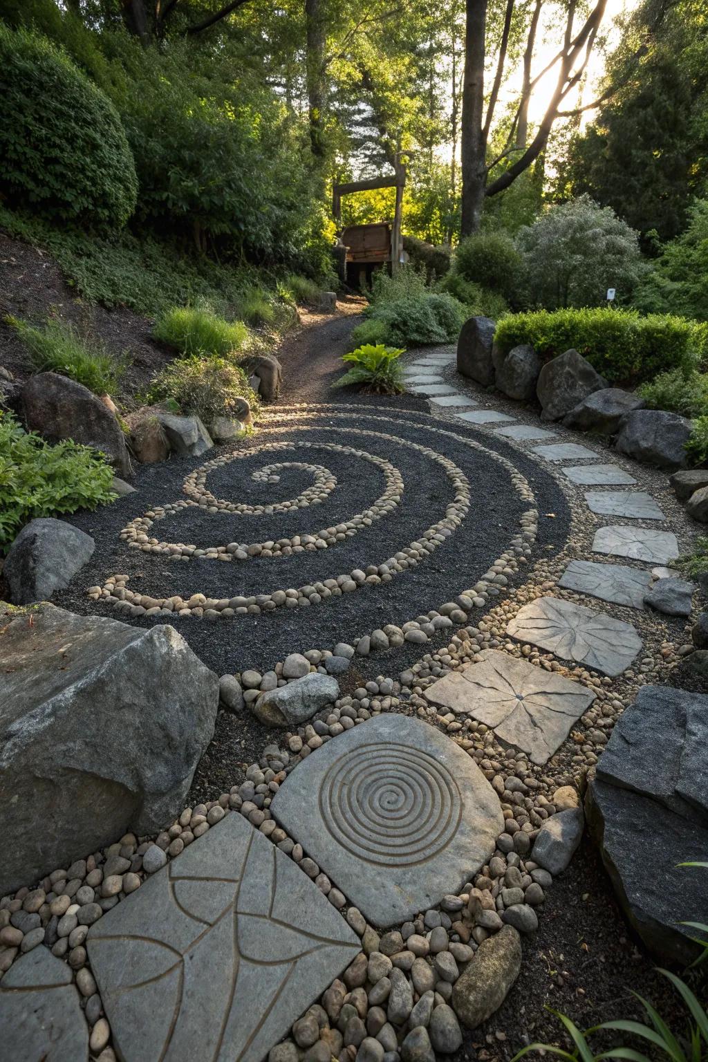 Artistic circular garden patterns with black mulch and rock layers.