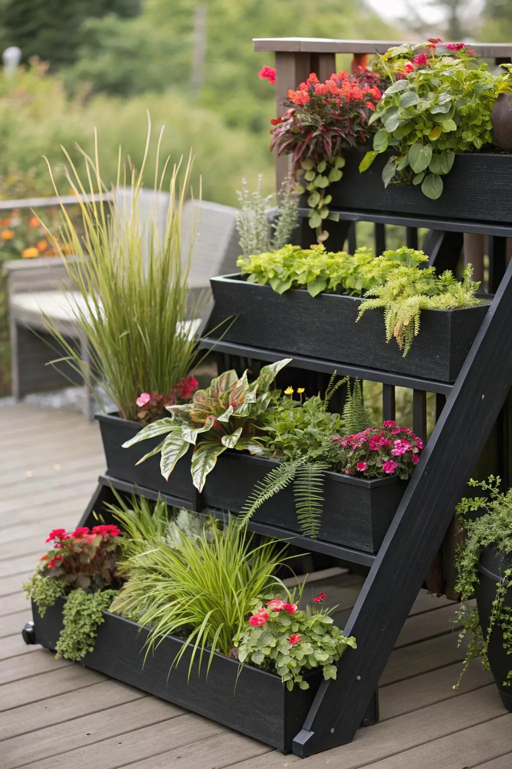 Tiered gardens maximize space and beauty.