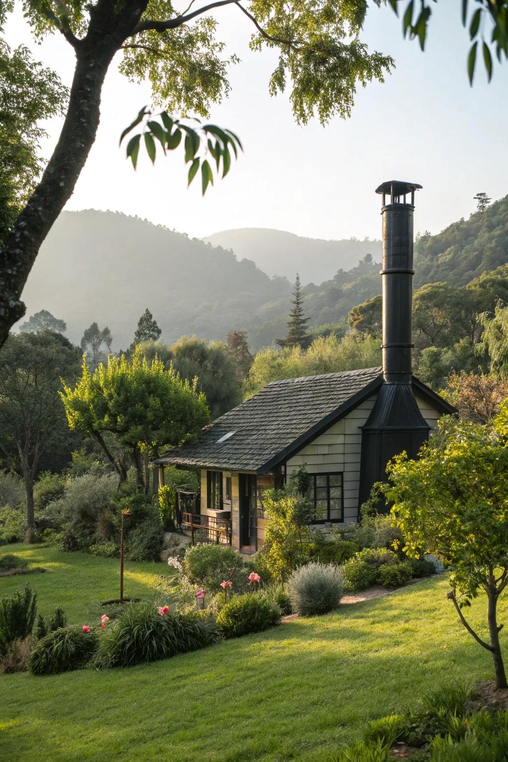 Lush greenery frames this bold black chimney beautifully.