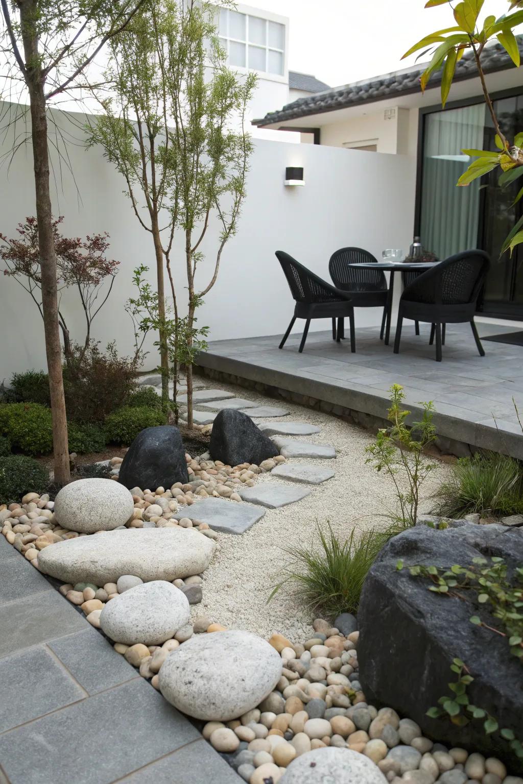Zen elements bring tranquility to a black patio environment.