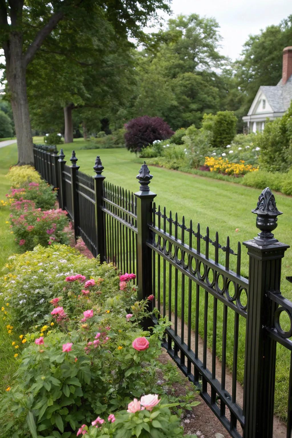 Timeless elegance with a black wrought iron fence.