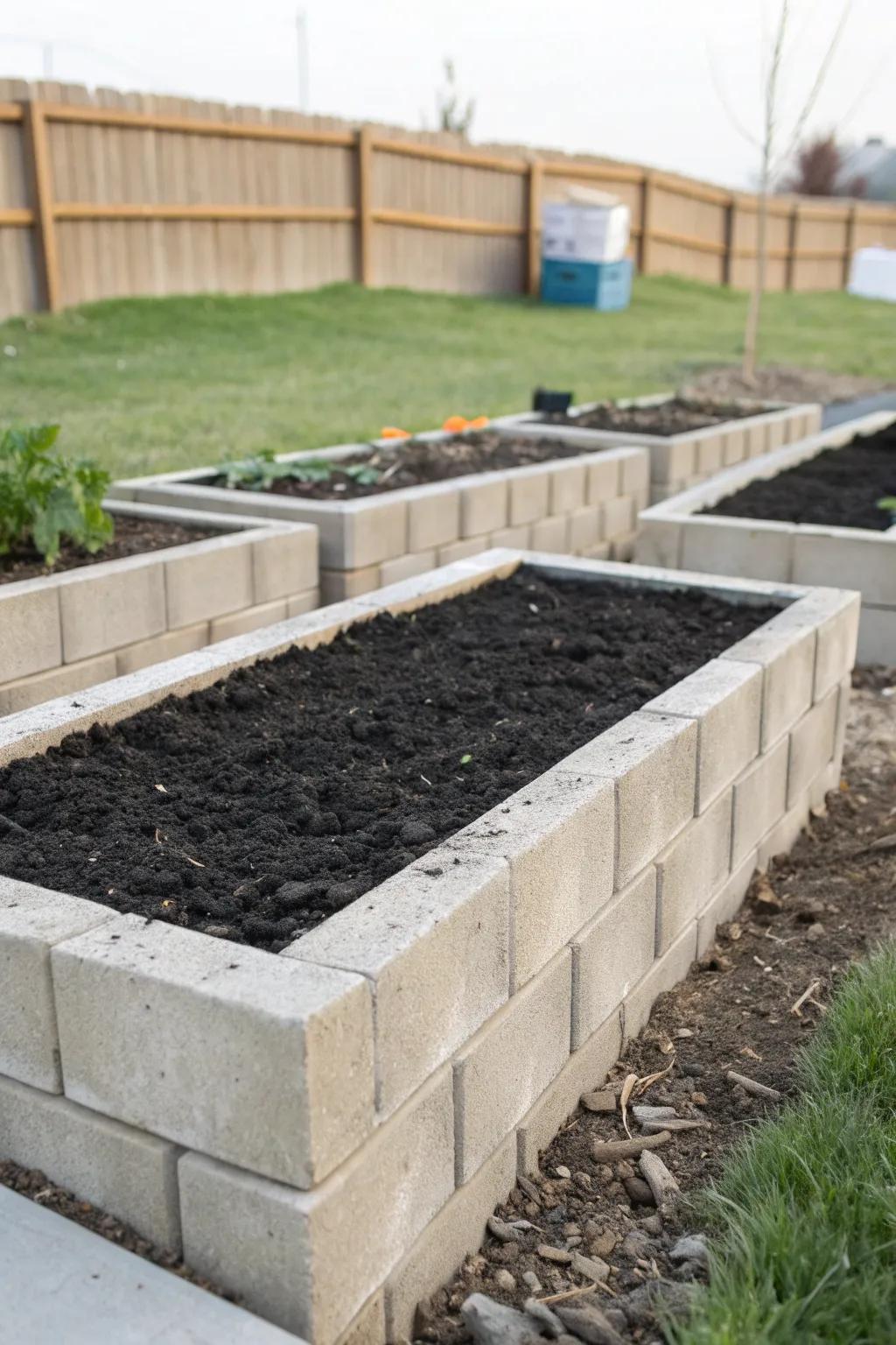 Elevated garden beds enhanced by black rubber mulch.