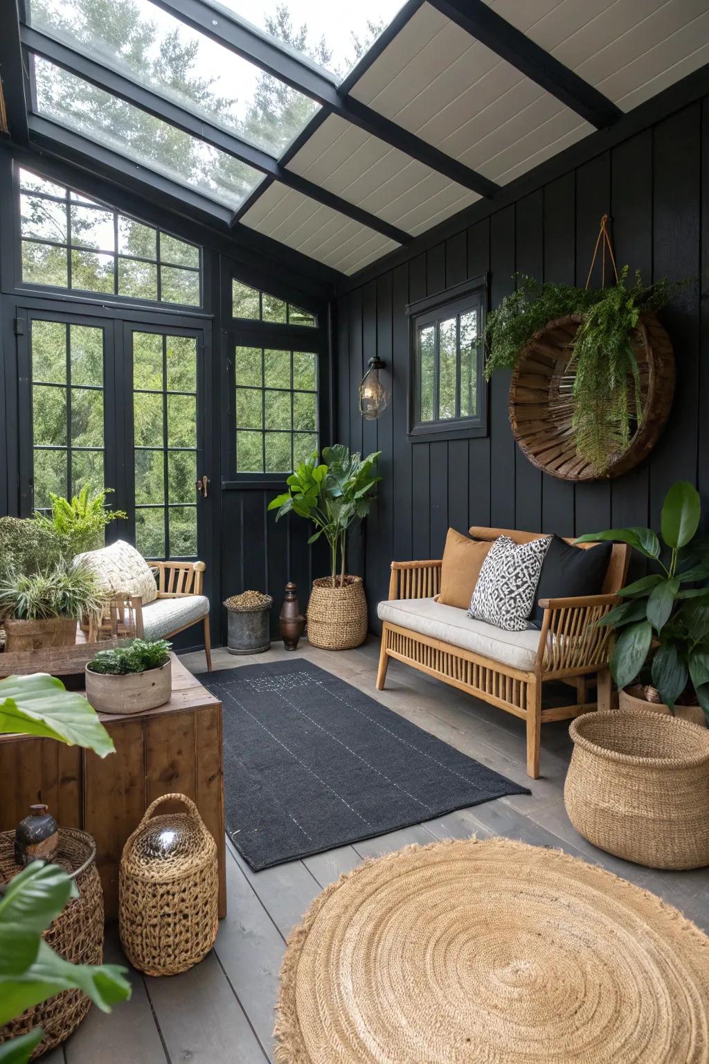Outdoor-inspired decor enhances the natural connection in a black sunroom.