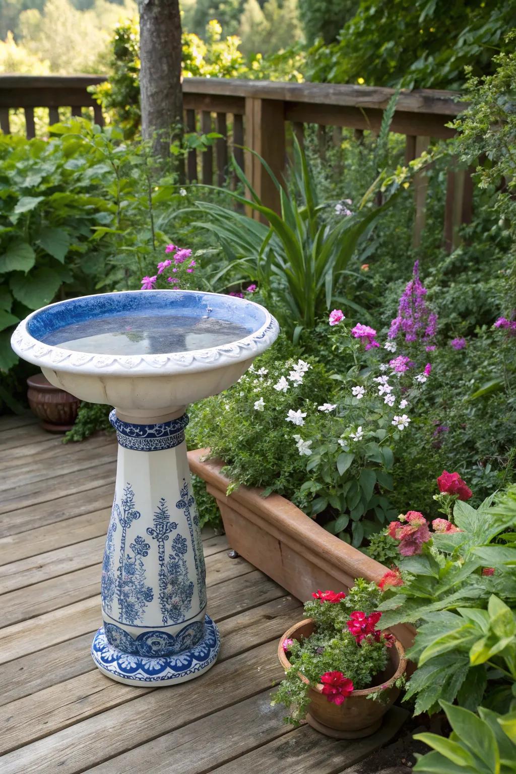 A ceramic birdbath as a garden focal point